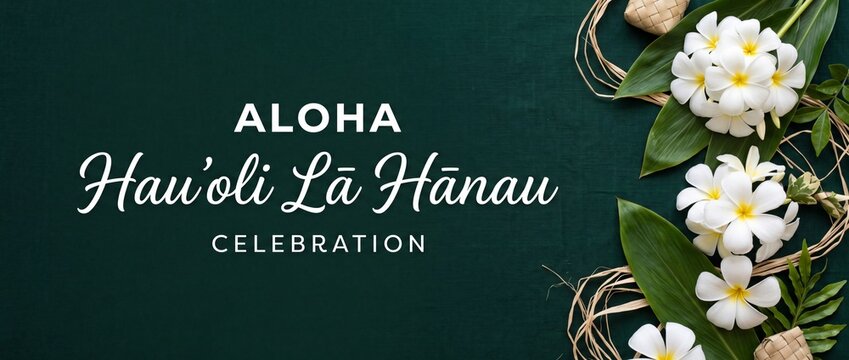 Hawaiian Happy Birthday Aloha Banner with tropical plumeria flowers, green palm leaves, raffia weave on dark background for luau party, tropical floral greeting card, summer celebration banner.