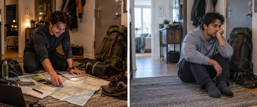 Man planning a hike with maps and backpack beside a contrasting scene of him sitting withdrawn indoors. Bipolar disorder and mental health concept. Mood changes, emotional wellbeing