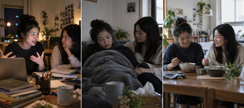 Two women share contrasting moments of conversation, emotional support, and a meal at home. Bipolar disorder awareness and mental health. Friendship, compassion, recovery, and daily life