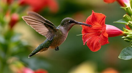 Fototapeta premium Action shot of a hummingbird hovering beside a bright red trumpet flower, wings frozen mid-blur