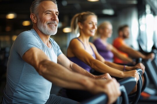 old aged happy senior couple doing sports in a gymnastics studio