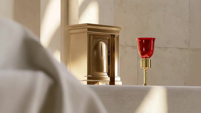 Gold Tabernacle with Red Sanctuary Lamp in Catholic Church Sanctuary, Quiet Worship Symbol