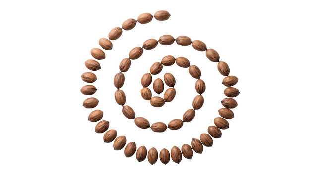 Spiral arrangement of pecan nuts in shells, whole brown pecans on white background, healthy organic snack food, minimalist culinary pattern