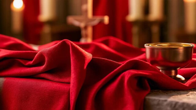 Catholic Confirmation Still Life with Red Stole, Chrism Oil and Crucifix in Chapel, Christian Sacrament