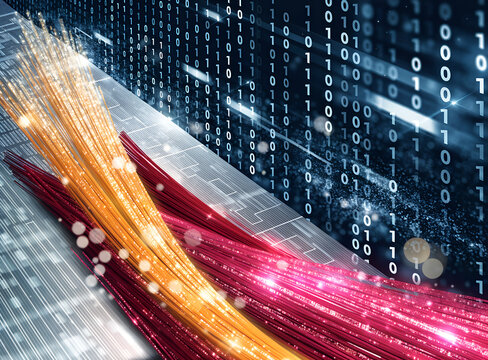 Glowing orange and pink fiber optic cables transmitting high speed data streams past a binary code wall