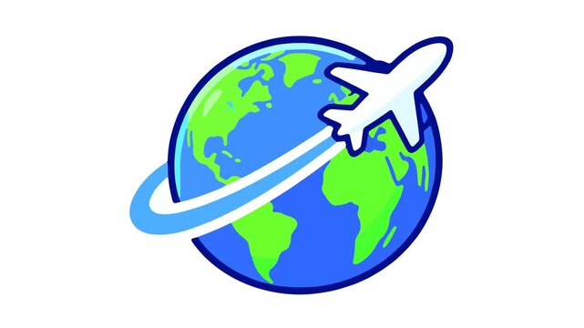 Flat bold-outline world globe with an airplane circling it on a swooping flight trail, clean white background. The globe floats gently, glowing pulses rush along the flight trail and boost the plane f
