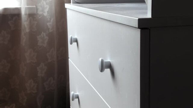 Man pulls out opens and closes dresser drawer with clothes in chest of drawers. Household furniture storage system. White wooden drawer filled with colorful folded clothes