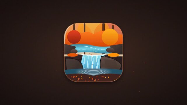stylized vector app icon featuring a colorful waterfall landscape with flowing blue water rocks and warm orange autumn trees against a dark background