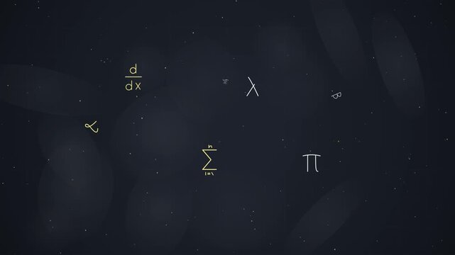 Minimalist dark slate chalkboard animation featuring elastic popping Greek symbols, chalk write-on calculus formulas, and floating mathematical notations with hand-drawn jitter.
