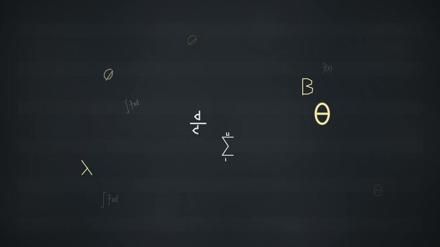Minimalist dark charcoal slate chalkboard animation featuring multi-layered mathematical formulas with parallax depth, elastic popping Greek symbols, and chalk stroke write-on effects.