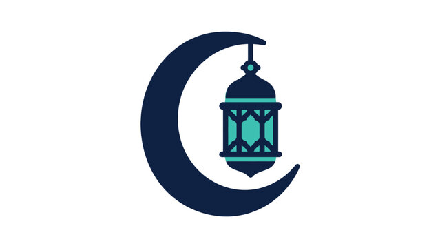Ramadan crescent moon silhouette with hanging traditional Islamic lantern vector illustration in flat style