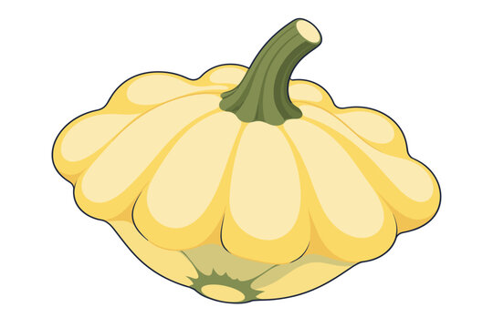 Whole yellow pattypan squash with broad scalloped lobes and a curved green stem in a clean outlined illustration on transparent background