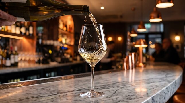 Pouring white wine into a glass on a marble bar counter in an elegant restaurant with warm ambient lighting