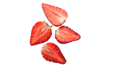Three fresh raw cross section sliced halves of red strawberry isolated on transparent background © Thomas Blake