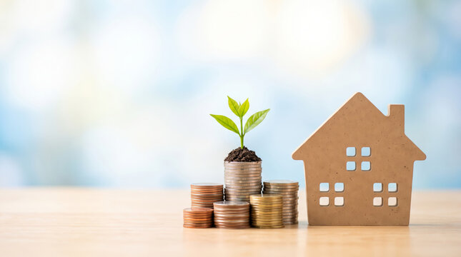 House coin stack miniature savings concept. Real estate property residential home estate. finance asset mortgage loan cost planning, prosperity success