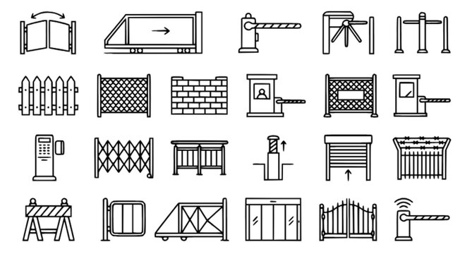 Gates Road Barriers and Walls Thin Line Vector Icon Set