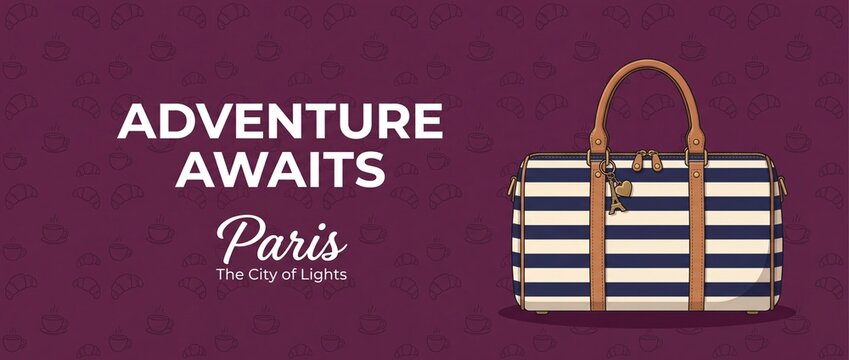 Paris travel duffel bag banner vector illustration for adventure trip vacation hero header with striped bag croissant coffee pattern background for tourism marketing campaign design