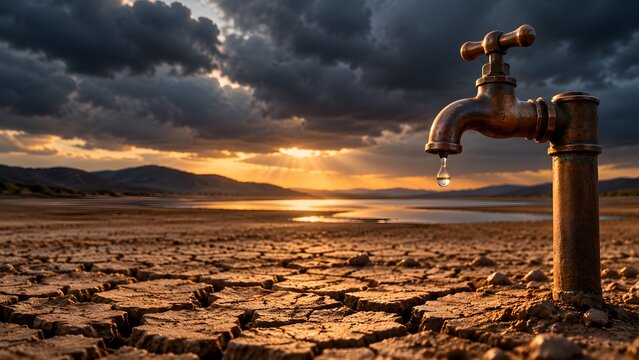 Single precious water drop from rusty faucet falls onto cracked dry earth, symbolizing severe drought, global water scarcity.