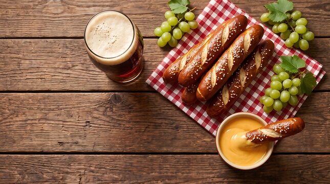 Traditional bavarian soft pretzel sticks served with mustard dip, beer and green grapes on a rustic wooden table