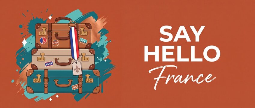 Vintage France travel luggage stack illustration for French holiday tourism concept with Paris Lyon Nice travel stickers, painted background, copy space, and Say Hello France text for banner design