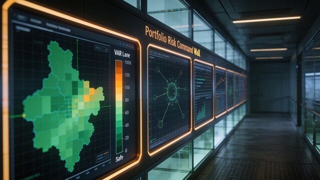 Displaying Portfolio Risk Command Wall panels showing VAR Lane heatmap and radial network in hall