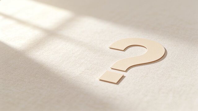 Resting beige 3D question mark on cream textured fabric at table, blind shadow bands, copy space