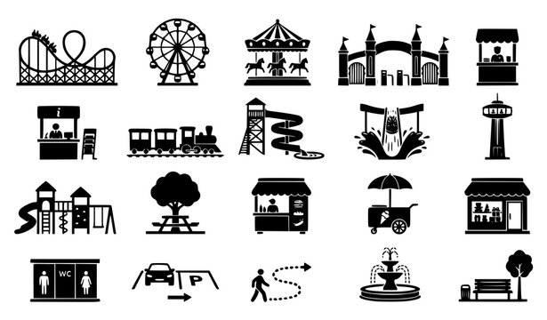 Theme Park Map and Recreation Black Silhouette Vector Icon Collection