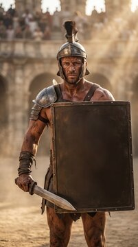 A powerful gladiator stands in an arena, holding a sword and shield