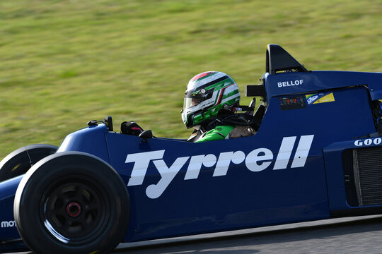 Scarperia, Italy - October 2th 2026: Tyrrell 014 of year 1985 ex Stefan Bellof drive by unknown in action during practice session at Mugello Circuit.