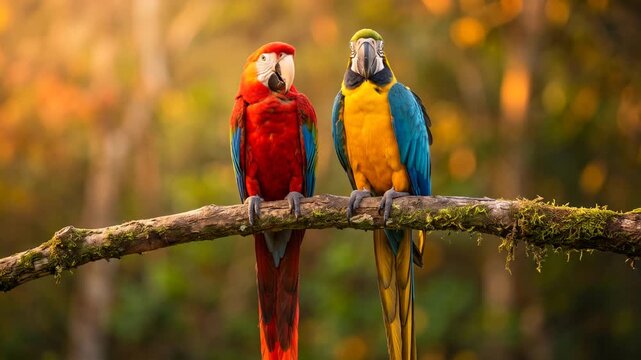 two parrots close up at sunset light in tambopata national reserve peru video