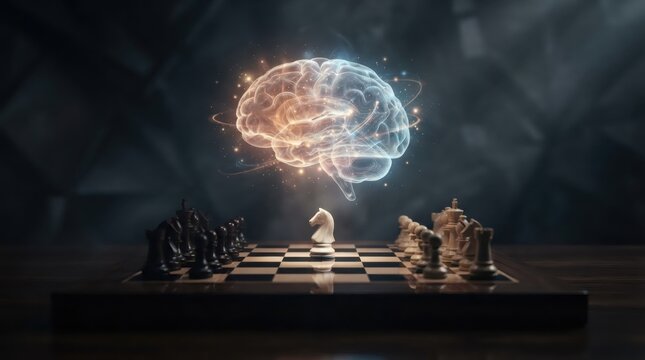 Glowing translucent brain hovering above a chessboard with pieces. Strategic thinking and decision making concept. Intelligence, cognition and problem solving. Artificial intelligence