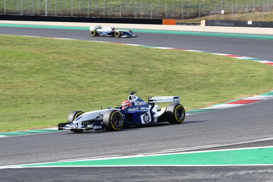 Scarperia, Italy - October 2th 2026: Williams FW25 of year 2003 ex Ralf Schumacher and Juan Pablo Montoya drive by unknown in action during practice session at Mugello Circuit.