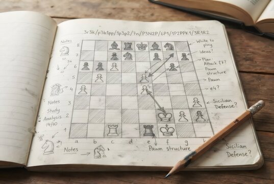 Open chess notebook with hand drawn board, pieces and strategic arrows on wooden desk. Chess strategy and tactical planning. Game study, analysis and learning. Hand drawn illustration.