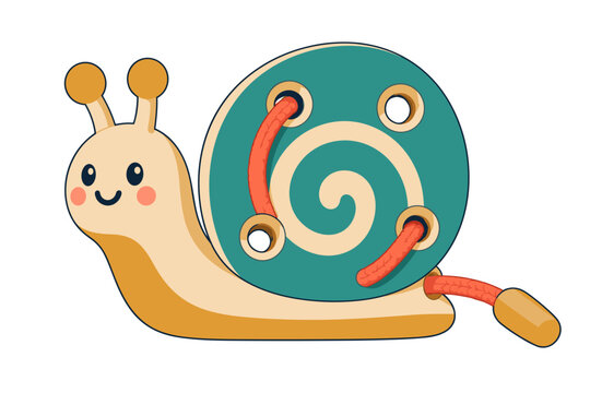 Cute cartoon snail with a teal spiral shell and red cords threaded through round openings shown in side view with a smiling face and golden orange body