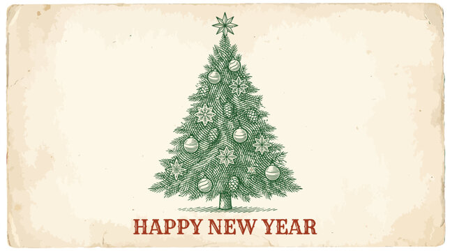 Vintage engraved greeting card featuring decorated evergreen pine tree artwork with traditional red text for seasonal holiday celebrations