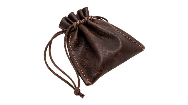 Small brown leather pouch bag tied with string packaging mockup isolated on transparent background