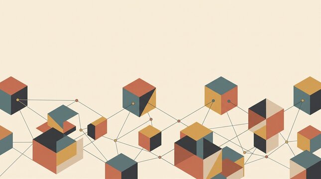 Minimalist geometric flat illustration distributed ledger blockchain nodes on ivory background