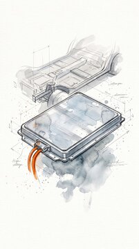 Watercolor sketch of electric vehicle battery pack floor pan and orange high voltage cable. Hand painted illustration showing EV chassis layout and technical engineering design.