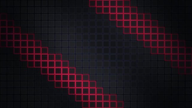 Abstract dark background with glowing red neon grid lines moving across a black digital squared surface pattern created for futuristic technological web design elements or high energy motion graphics