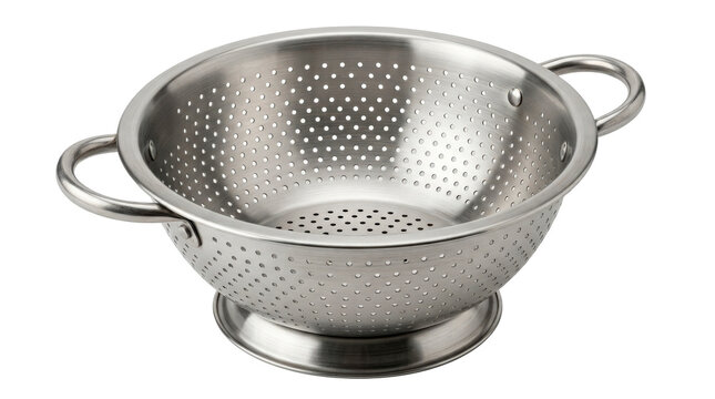 Round metal colander with numerous drainage holes, two small side handles and stable raised base. Photorealistic studio product photography, three-quarter top view, tack-sharp focus, ultra-detailed