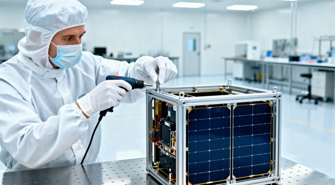 Engineer in full cleanroom PPE uses a screwdriver to assemble a CubeSat small satellite with visible solar panels in a bright aerospace lab