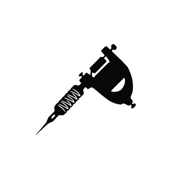 tattoo machine illustration in monochrome style, detailed black and white vector artwork for tattoo studio logos, posters, and graphic design