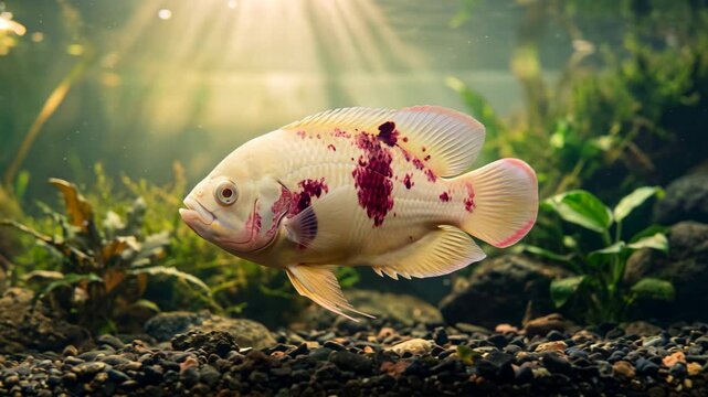 albino oscar fish close up underwater at morning light in amazon basin south america video