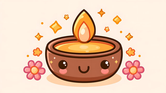 Kawaii Diwali Cute Diyas Poster Create an adorable kawaii-style Diwali poster with cute smiling clay diyas, tiny rosy cheeks.