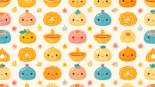 Kawaii Diwali Sweets Poster Design an adorable kawaii festive poster featuring cute smiling laddoos, jalebis, modaks and colorful Indian mithai arranged with tiny diyas and flowers.