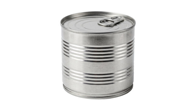 Metallic tin can with pull tab lid, silver aluminum food container isolated on white, blank metal canister for packaging mockup and branding