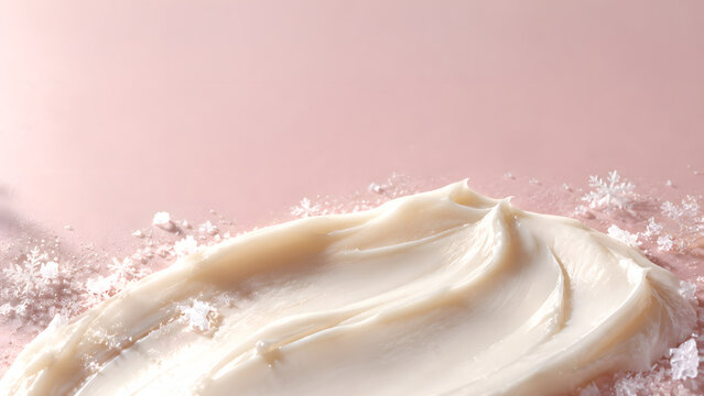 Rich moisturizer cream swirl with frost crystals on pale pink