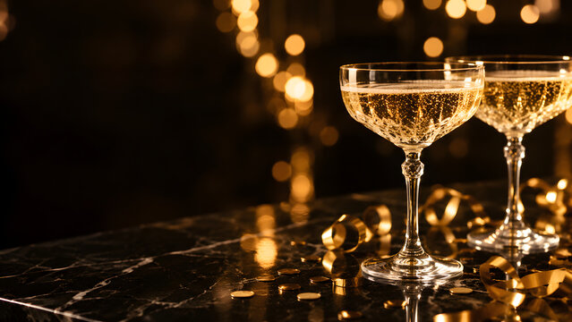 Two champagne glasses with gold confetti for a New Year party