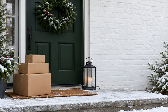 Cardboard parcels delivered to a snowy front door with a wreath