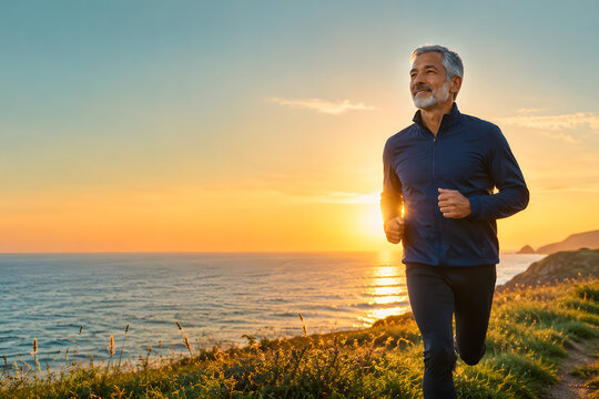 Active senior man running along a coastal path at sunrise